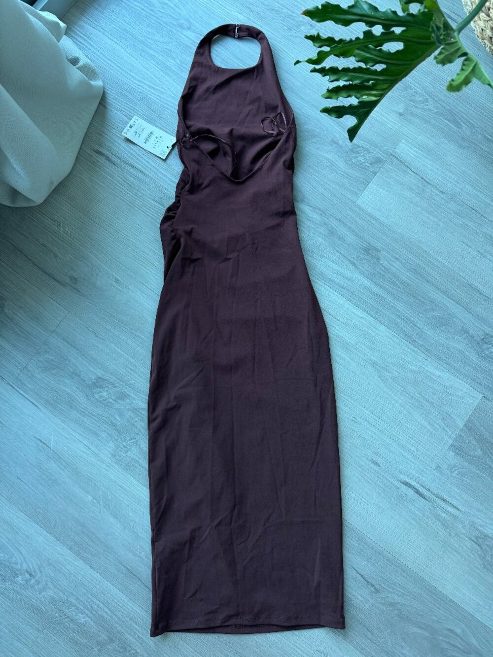 Zara Draped Halter Midi Dress Open Back Side Ruched Chocolate Brown S NWT - Picture 11 of 12